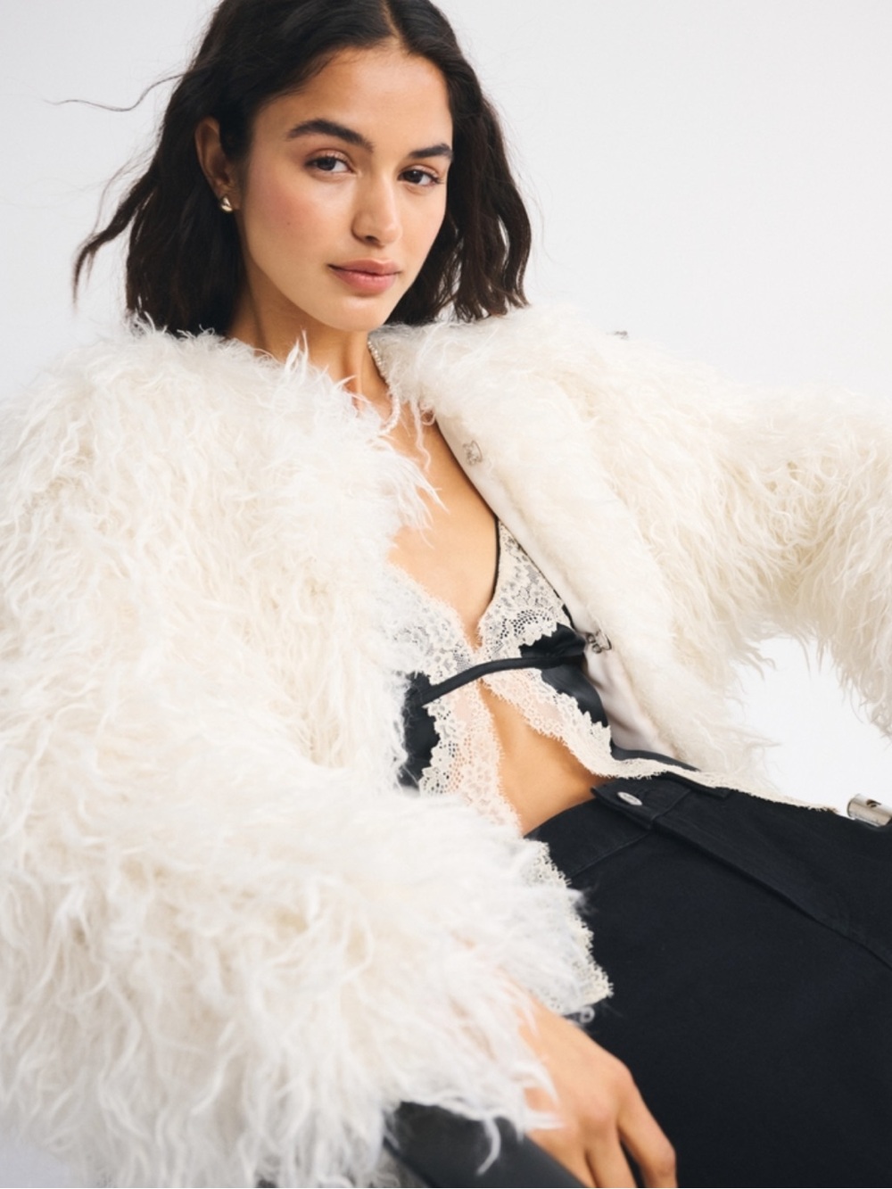 Abercrombie & Fitch Cream Shag Faux Fur Jacket